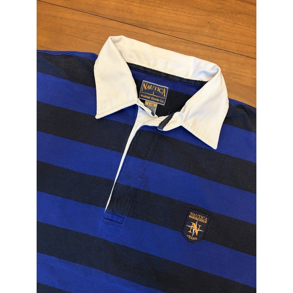 Vintage 90s Nautica Rugby Stripe Shirt Men L/XL Blue Preppy Marine Denim Co Boxy